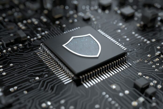 CPU and cybersecurity concept: Symbolic image of a microchip and shielding digital armor, representing protection against ransomware.