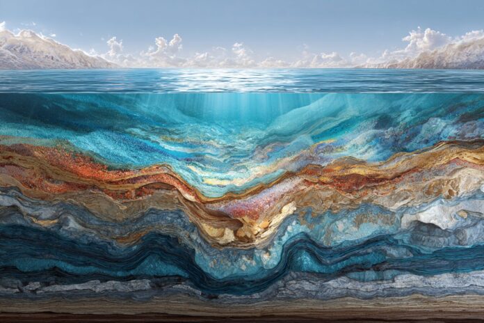 An artistic cross-section of upside-down geological layers beneath the seafloor.