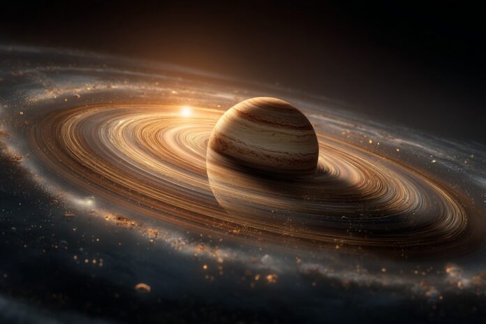 Close-up artistic rendering of a Jupiter-like exoplanet WISPIT 2b inside a multi-ring disk of dust and gas around its young star.