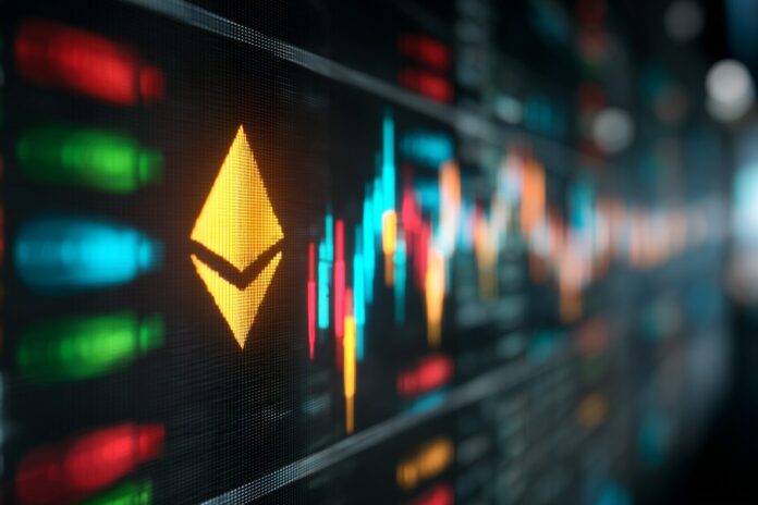 Abstract image of Ethereum logo over a stock market ticker board representing ETF inflows