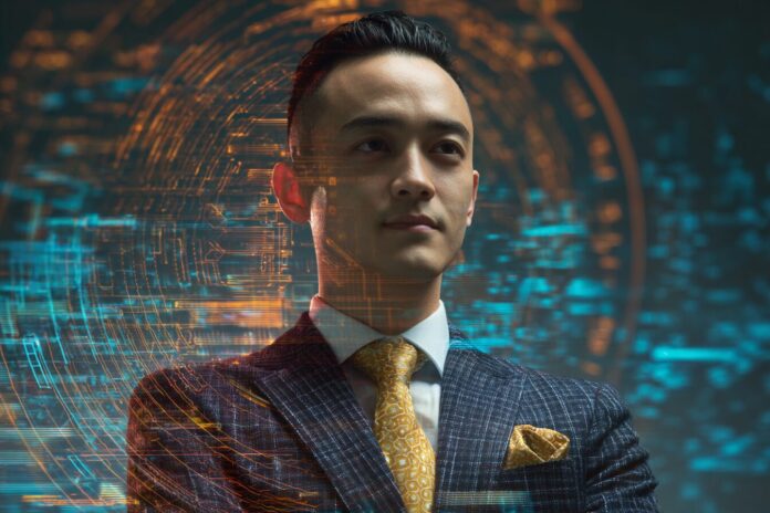 Justin Sun in a business suit with a digital crypto background, symbolizing the controversy over TRON holdings.