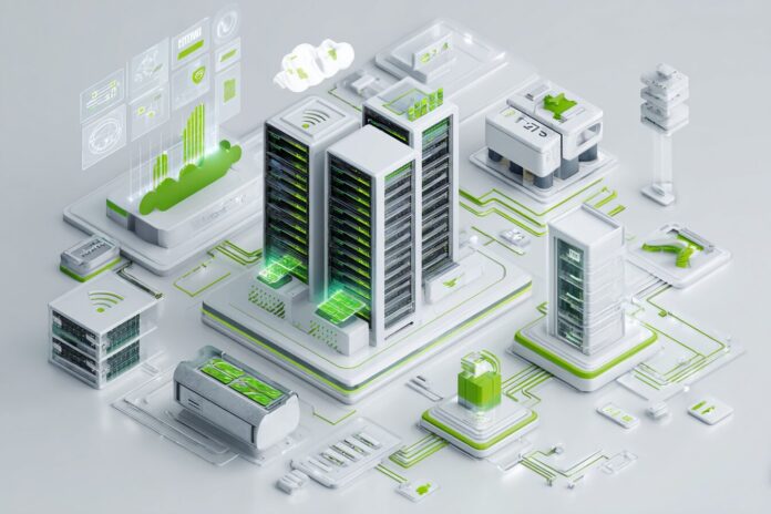 Illustration of a data center with green energy elements and AI icons.