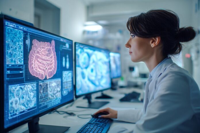 Doctor examining colonoscopy results with AI interface in hospital