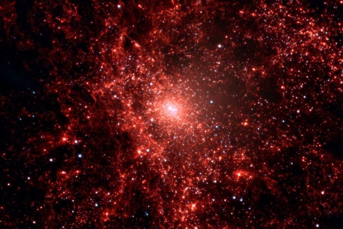 JWST image of CAPERS-LRD-z9, the earliest black hole's galaxy, showing its reddish glow among early cosmic structures.