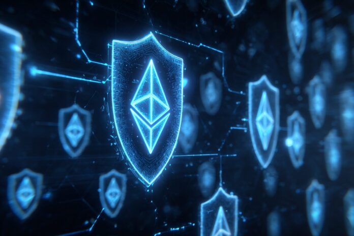 A graphical representation of Ethereum's secure wallet infrastructure, featuring shield motifs and blockchain icons.