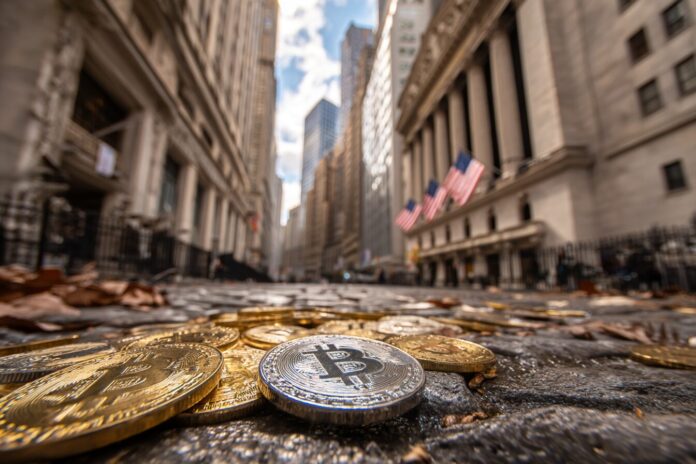 A dramatic, wide-angle shot of Manhattan’s Wall Street district with digital Bitcoins and Ethereum coins in the foreground, symbolizing institutional crypto holdings.