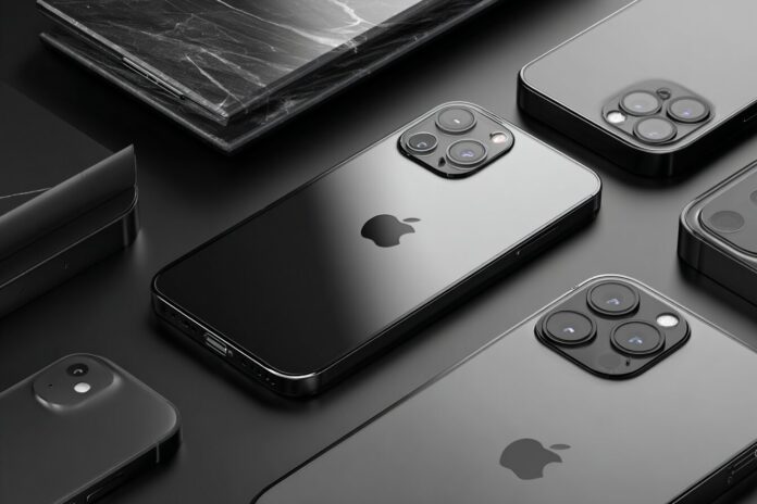Ultra-thin iPhone 17 Air mockup with sleek edges, lying on a reflective surface next to regular and Pro models.