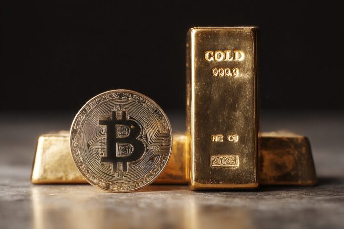 Bitcoin and gold bars side by side, symbolizing asset competition in 2025