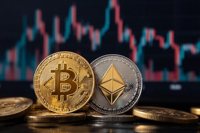 Bitcoins and Ethereum coins in focus with trading chart background