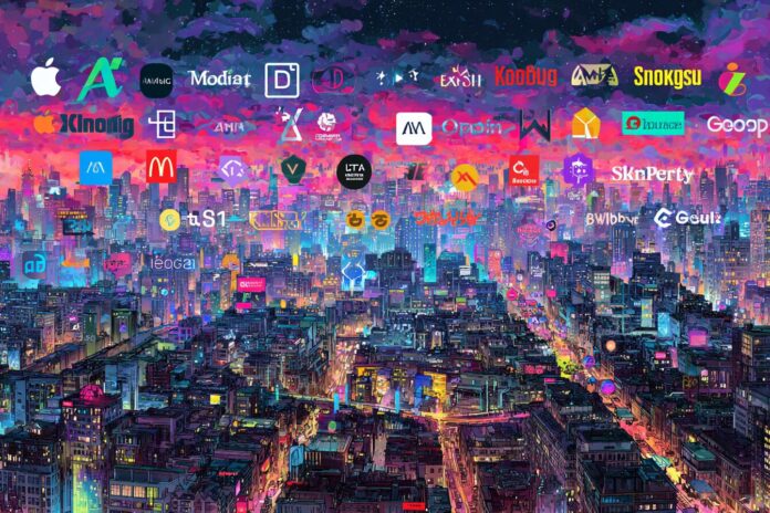 A vibrant collage of AI startup logos and bustling digital cityscape, symbolizing innovation and wealth creation.