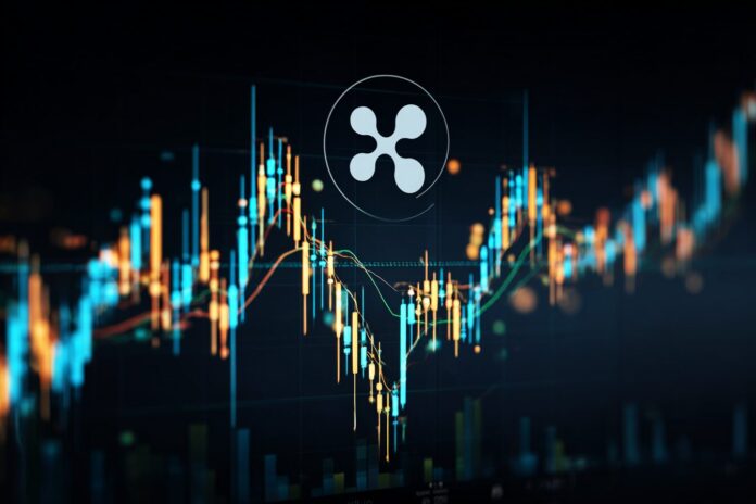 XRP logo overlaid on candlestick chart showing price approaching a breakout point around $3