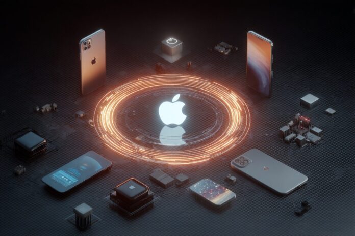 A futuristic illustration of Apple devices interacting with a glowing AI core.