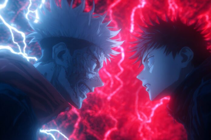Yuji Itadori faces Yuta Okkotsu in a dramatic clash as curses swirl around them, symbolizing the coming conflicts of Jujutsu Kaisen Season 3.