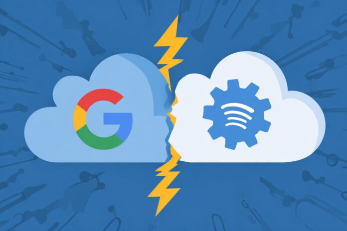 Illustration showing cloud connections and OAuth token breaches affecting Google Workspace and Salesforce integrations.