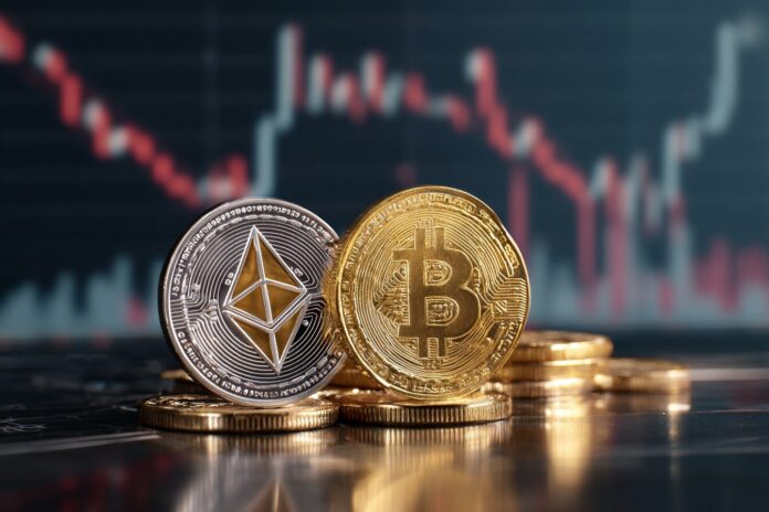A digital rendering of Ethereum and Bitcoin coins against a background of stock market graphs showing a downward trend.