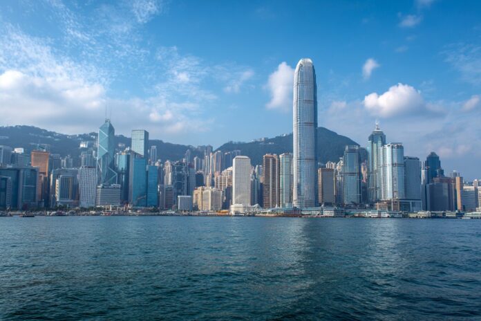 Central Hong Kong skyline, viewed from Victoria Harbour, representing financial district