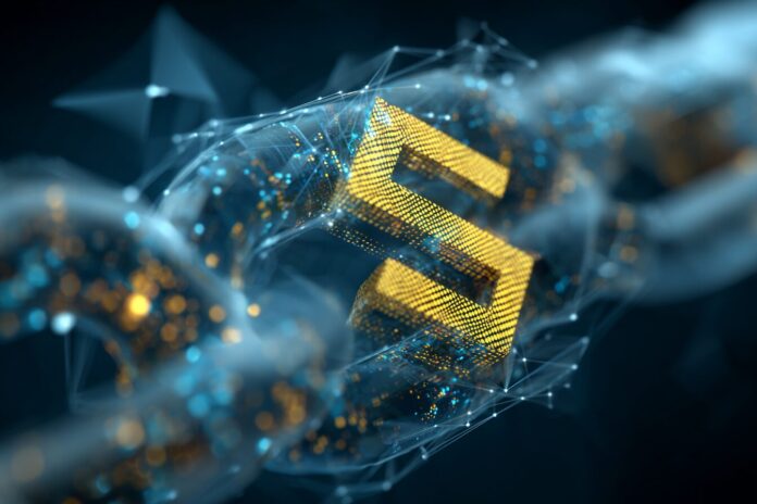 Sharps Technology's logo with a digital blockchain motif and Solana emblem against a global finance background