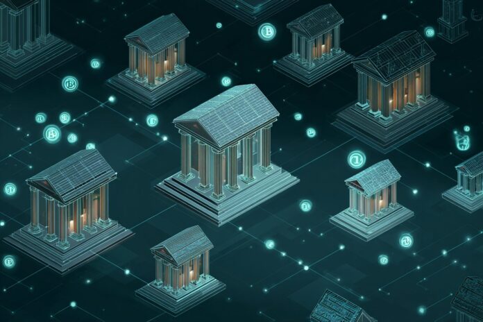 A digital illustration showing traditional bank buildings overshadowed by floating stablecoin symbols on a futuristic blockchain network background.
