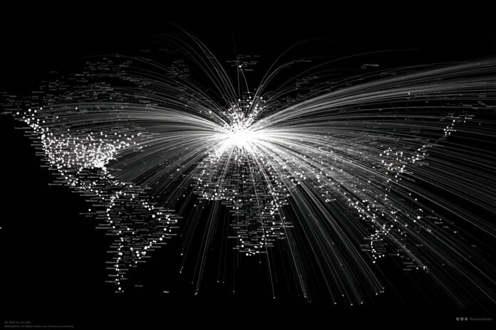 Over 30,000 IP addresses simultaneously probing Microsoft RDP services, depicting a large network scan map.