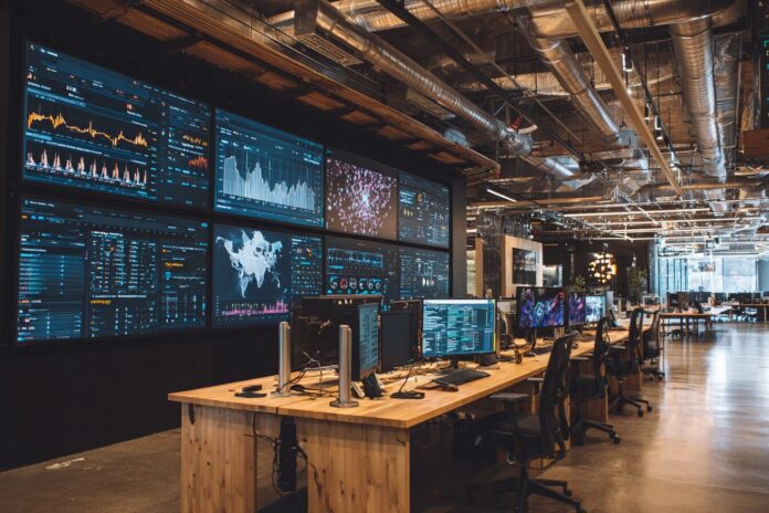 Reddit main office with digital displays illustrating AI-powered analytics and ad campaign dashboards.