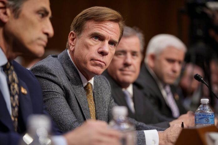 Senator Warner scrutinizing crypto market structure legislation during a Congressional hearing.