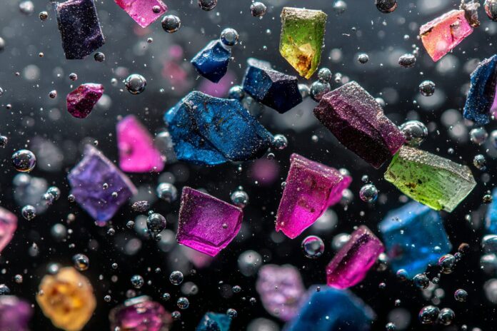 Colorful microplastic fragments magnified in water environment.
