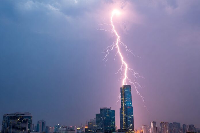 A clear bolt of lightning striking the top of a city skyscraper at dusk.