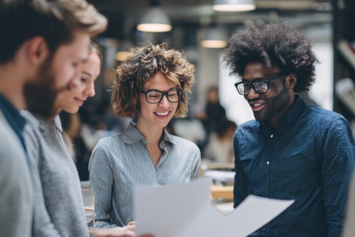 Group of authors discussing copyright documents in modern office