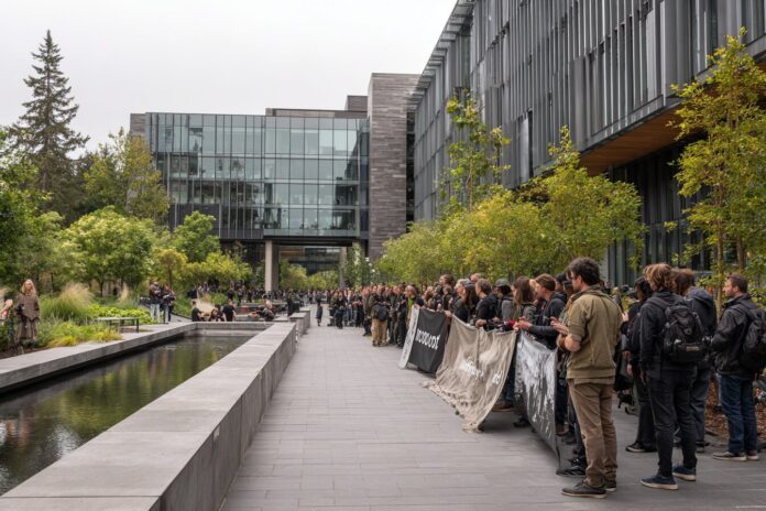 Protesters holding banners outside Microsoft headquarters during a demonstration on campus.
