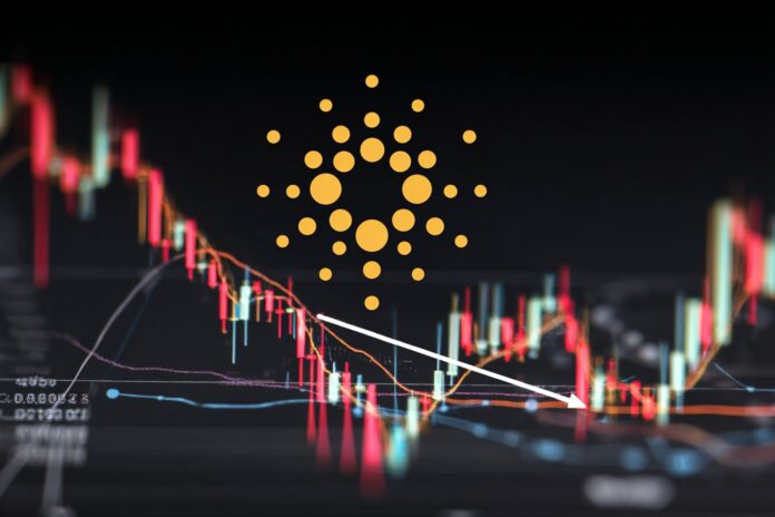 Graphical Polkadot DOT coin logo with price chart trend line showing a downward move.