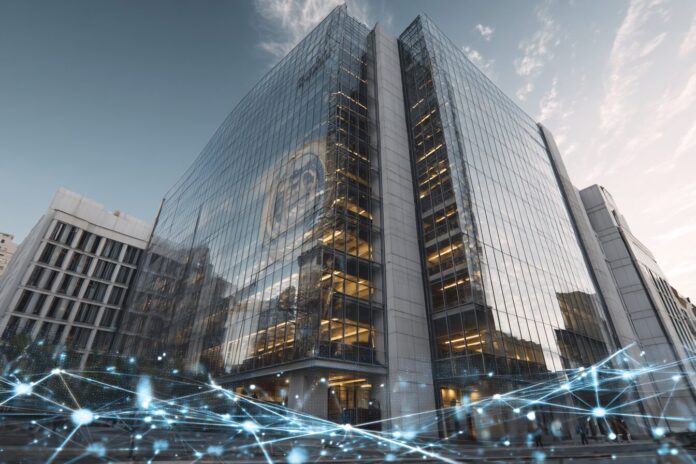 Modern SEC building exterior with digital overlays representing blockchain connectivity.