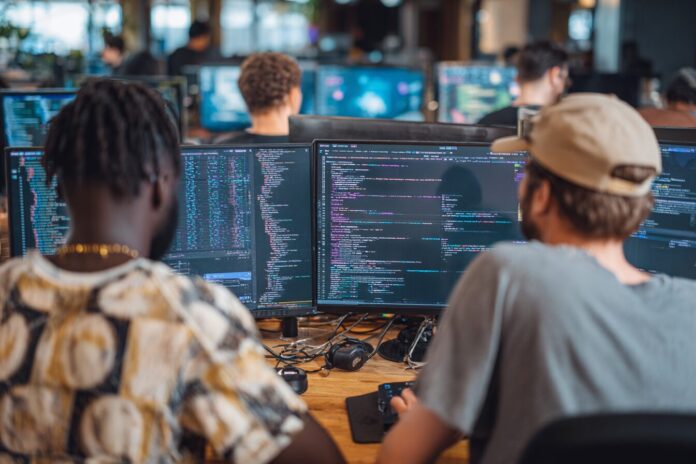 A group of diverse developers collaborating in front of multiple monitors displaying code and AI suggestions, reflecting modern development trends.