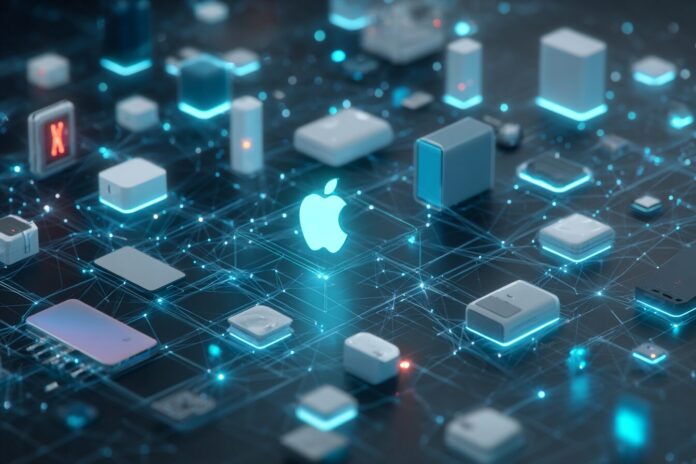 AI search concept featuring Apple ecosystem devices interconnected by a web of information