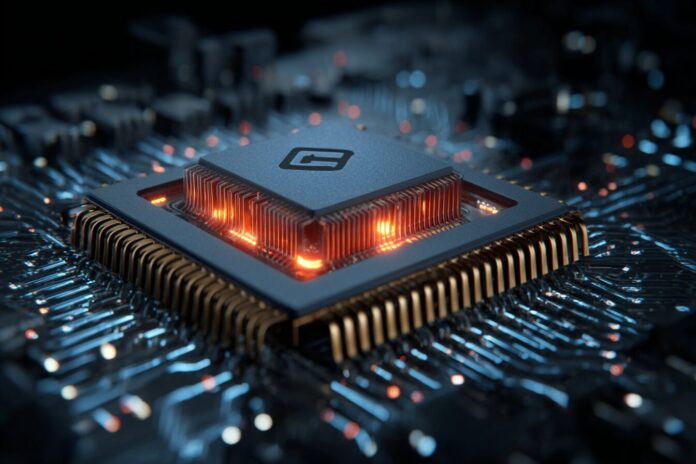 Bolt Zeus GPU chip with futuristic heat sink and glowing circuitry, emphasizing breakthrough performance.