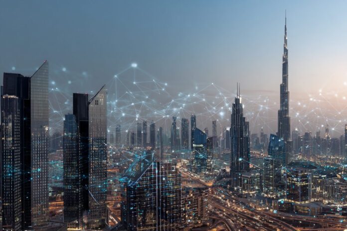Modern Dubai skyline with high-rise buildings and digital network overlay representing financial growth and technology.