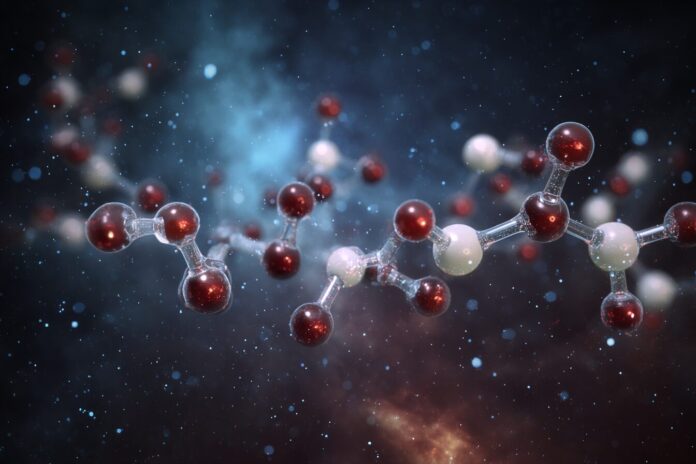 Visualization of methanetetrol molecule structure, the newly created super alcohol theorized to exist in deep space.