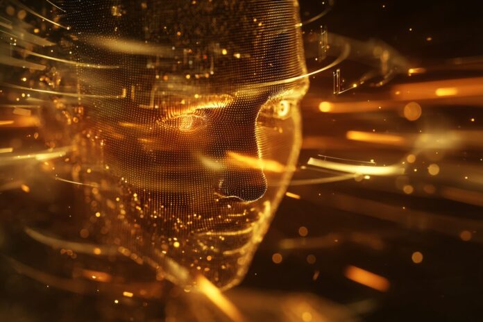A glowing digital interface with the Claude 4 chatbot avatar surrounded by flowing data streams, signifying emerging AI consciousness discussion.