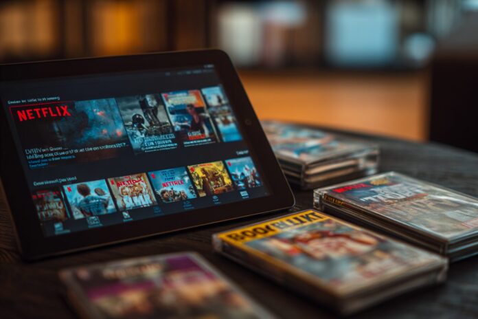 Netflix streaming interface displayed on a tablet next to a physical Blockbuster DVD case, illustrating digital disruption.