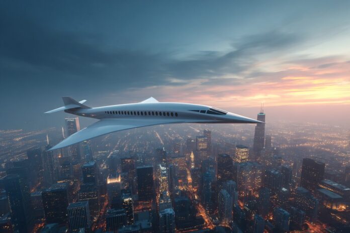 Modern supersonic jet concept over American cityscape