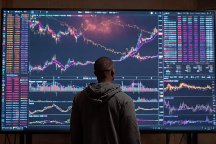 Arthur Hayes observing cryptocurrency price charts on a large screen.