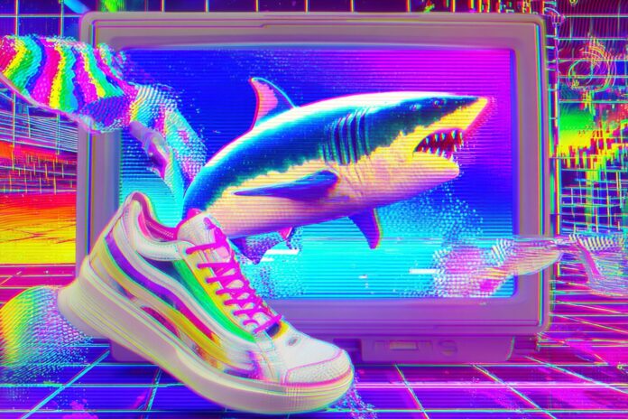 A colorful computer screen displaying a surreal AI-generated video featuring a dancing shark with sneakers.