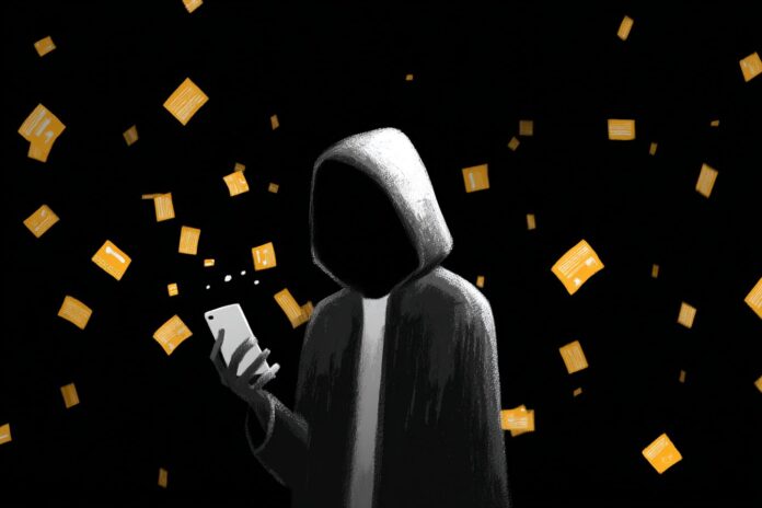 A hooded figure holding a smartphone surrounded by floating SMS message icons, symbolizing SMS scams.