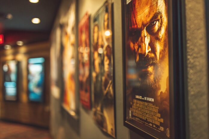 Cinematic close-up of a horror movie poster in a theater lobby promoting Weapons on opening weekend