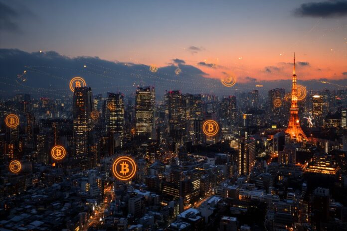 Tokyo skyline at dusk with digital currency icons overlay representing Japan’s crypto tax reform