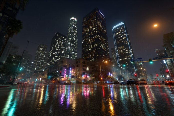 Night-time GTA 5 cityscape with neon reflections on wet streets, suggesting ray tracing and high frame rates