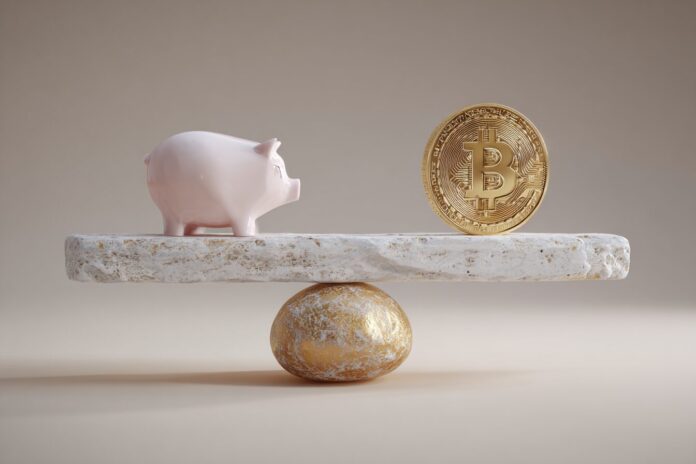 Conceptual image of a pension fund portfolio balancing between traditional assets and Bitcoin.