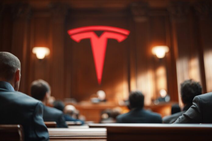 Courtroom scene with Tesla logo highlighting jury verdict