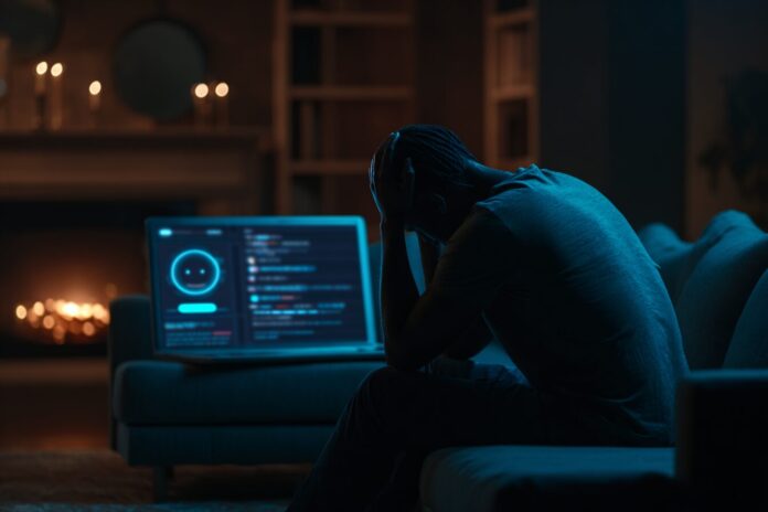 A distressed individual sitting in a dimly lit room with a laptop displaying an AI chatbot interface.