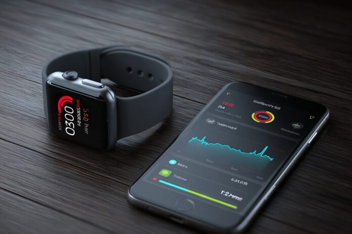 Apple Watch Series 10 displaying time and health notifications, paired with an iPhone showing the Health app