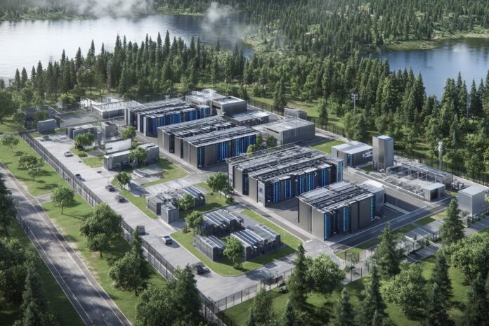 TeraWulf data center campus at Lake Mariner with digital infrastructure and AI servers.